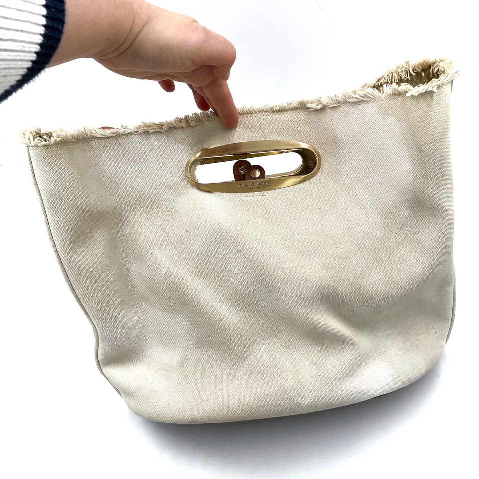 Rag & Bone Belize Fray Canvas Tote Bag Tan Leather Crossbody Strap Slip Pocket - Image 4 of 4