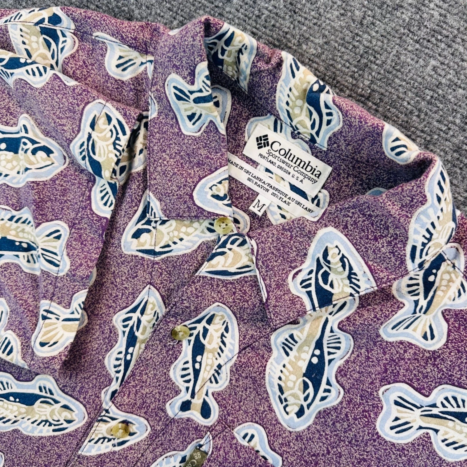 Columbia Men's M Purple Trout Fish Print Rayon Flax Blend Shirt Outdoors Camping