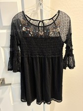 Mason & Belle 3/4 Sheer Lace Sleeve Smocked Embroidered Babydoll Witchy Dress