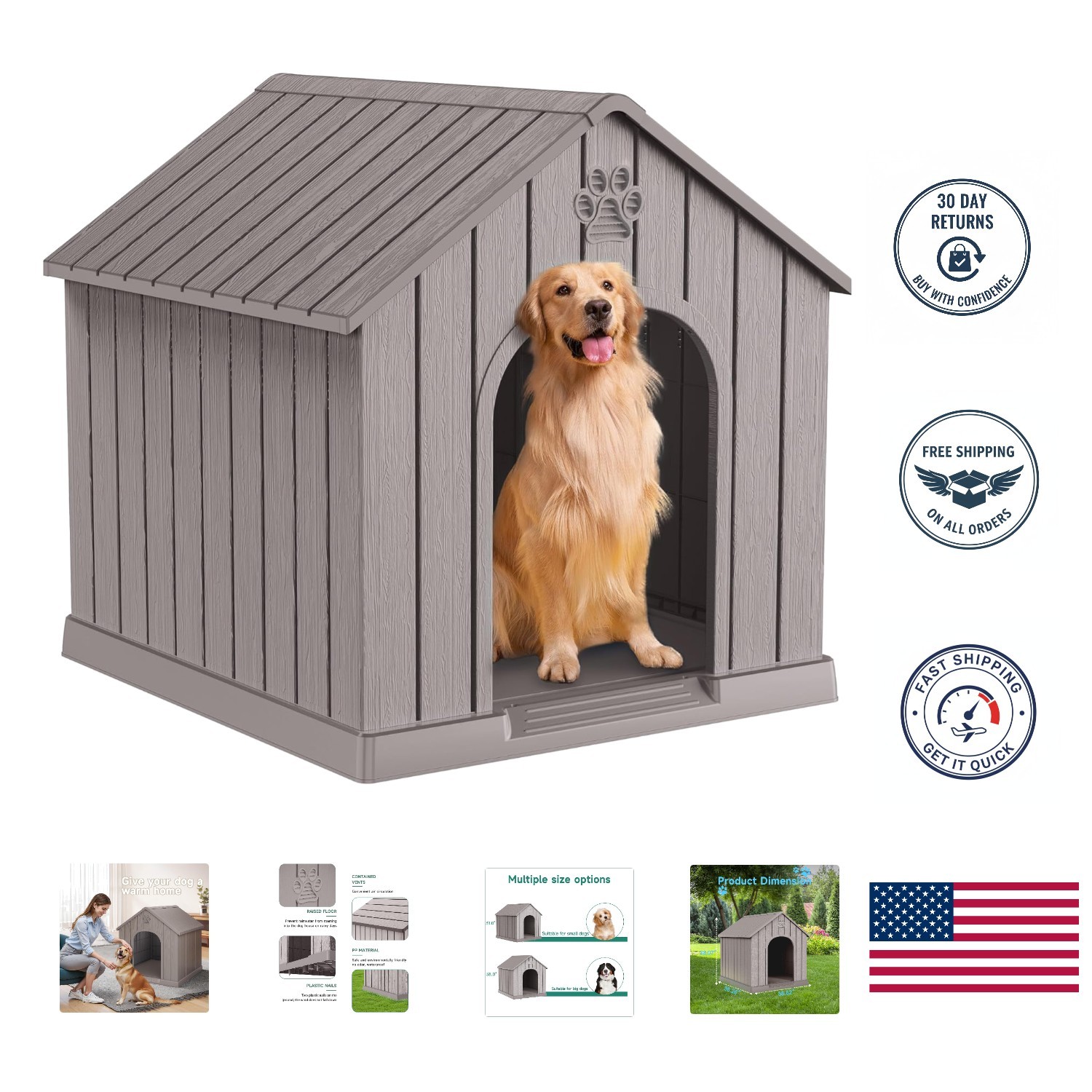 Durable Grey Dog House for Small to Large Breeds - Sturdy