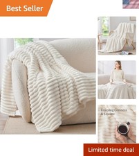 Fleece Throw Blanket for Couch - 300GSM Soft  Warm Fluffy Cream White Blanke...
