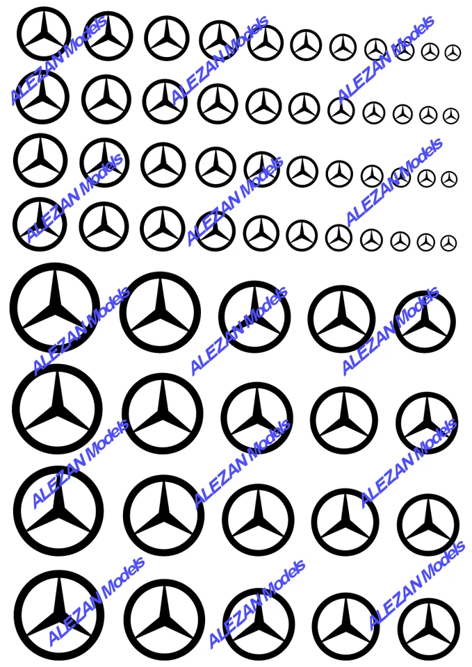 ALEZAN MODELS . DECALS . MERCEDES LOGO . BLACK . 1/43 . 1/32 .1/24 . 1/18 .