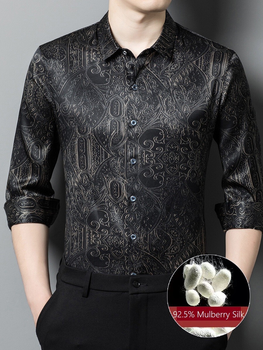 FILA Silk Shirts for Men Button Down Long Sleeve Shirt Free Regular Business Fit Man