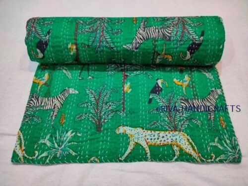 Indien Queen Handmade Animal Screen Print Green Cotton Bedspread Kantha Quilt - Picture 1 of 4