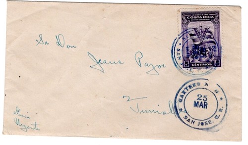 Costa Rica Brief San Jose nach Turrialba Open Letter Rate 1940’s