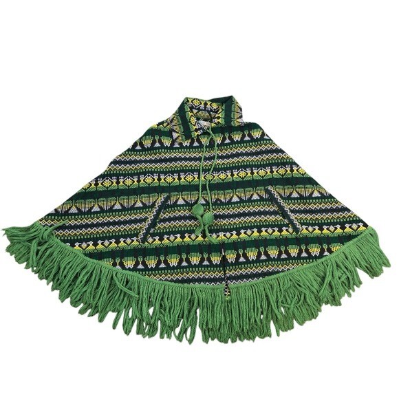 Vtg 60s 70s Guatemalan green yellow woven hippie boho poncho women image 4