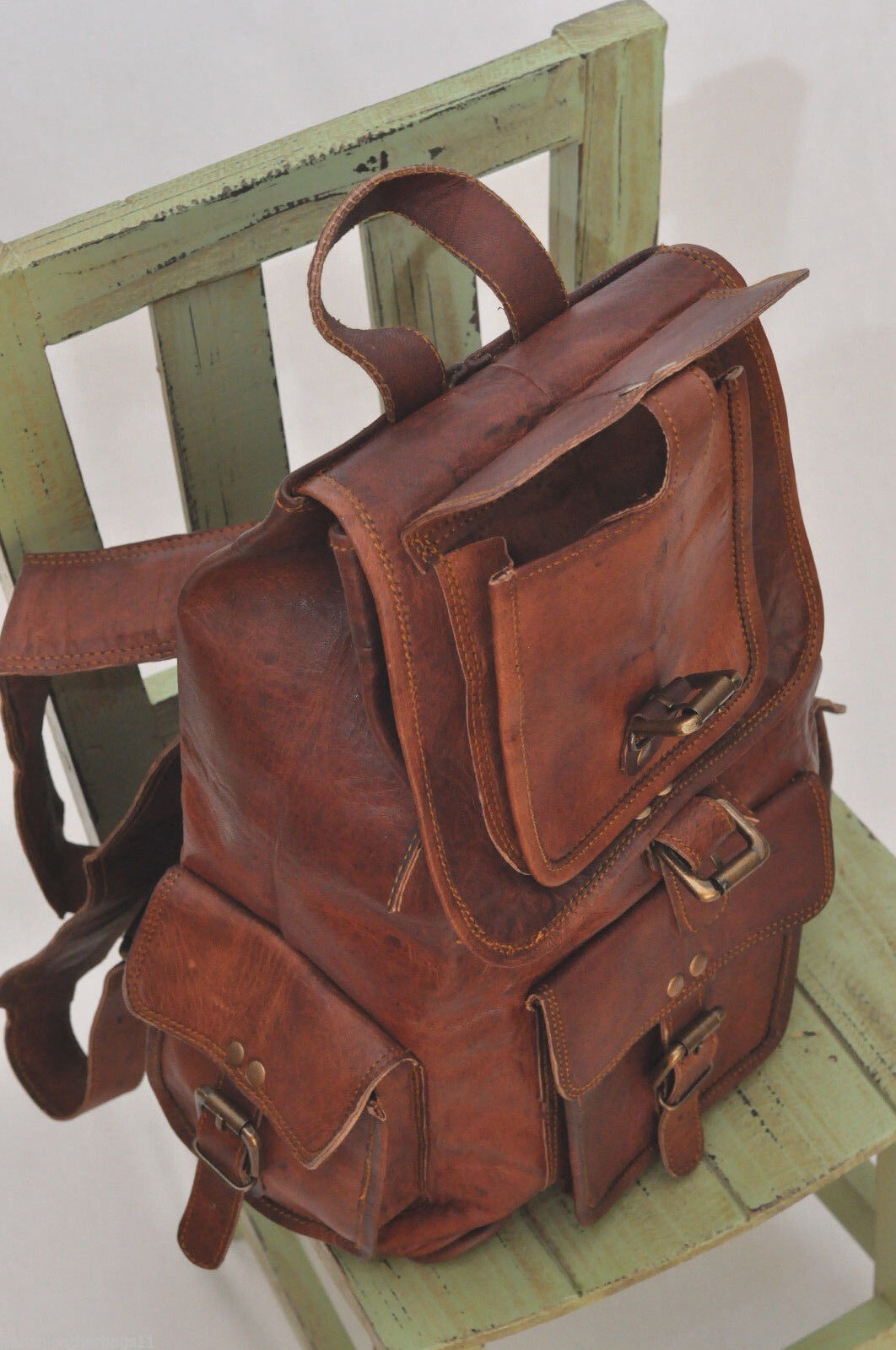 Men's Goat Leather Backpack Vintage Bag Travel Rucksack Genuine