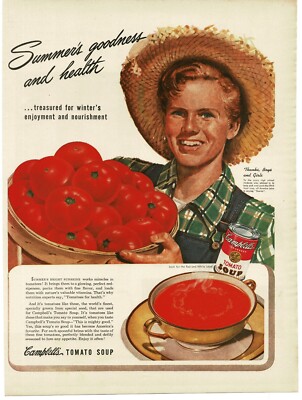 1944 Campbell's Tomato Soup Farmer w Basket Juicy Red Tomatoes Vintage Print Ad