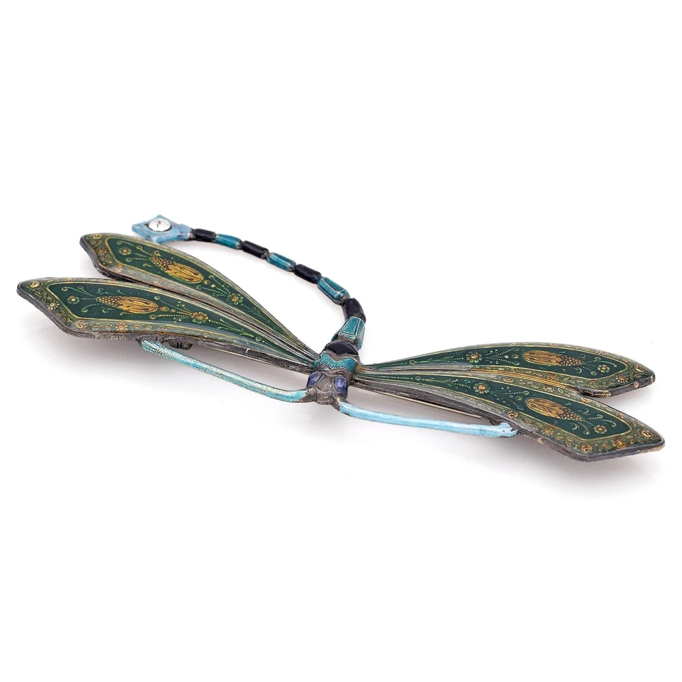 Broche prendedor grande antiguo Art Nouveau esmalte estrás libélula Foto 3 de 4