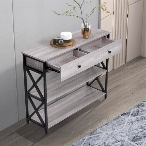 Rustic Grey Narrow Wooden Console Table with Drawers - Picture 6 of 12