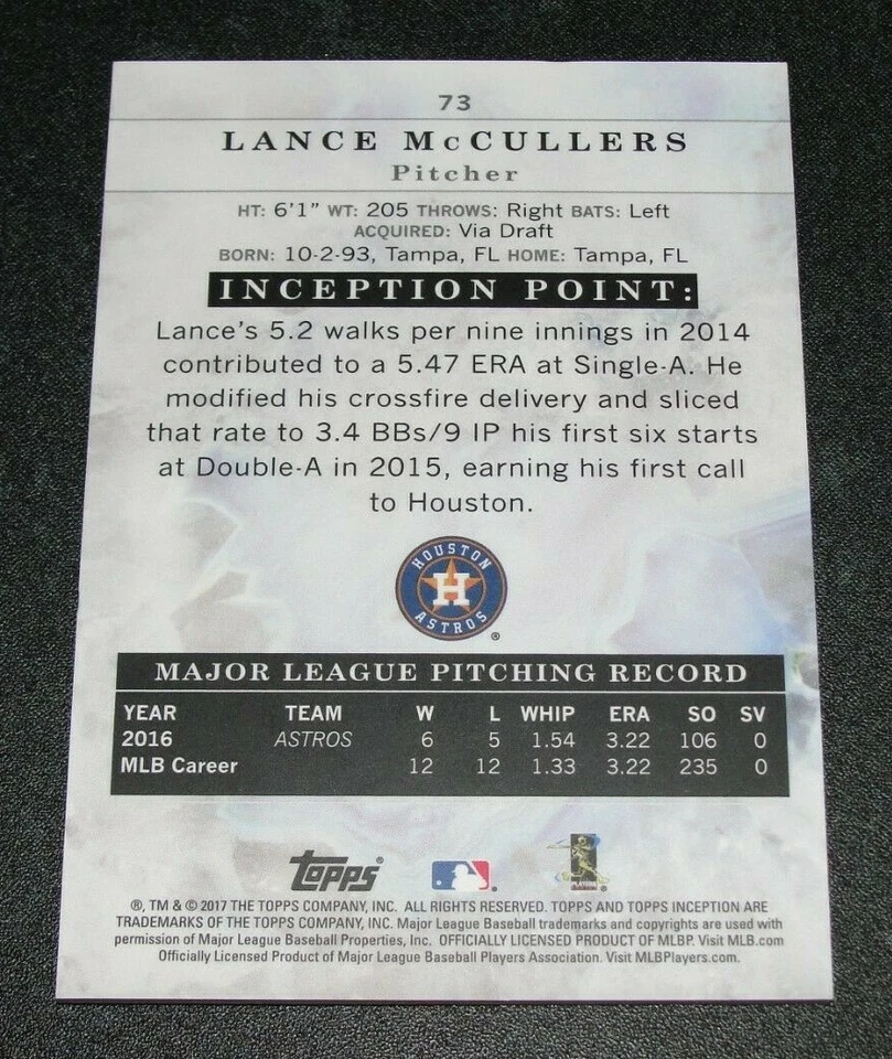 2017 Bowman Inception LANCE McCULLERS Jr #73 Blue Variant/25 Houston ASTROS - Image 2 of 2