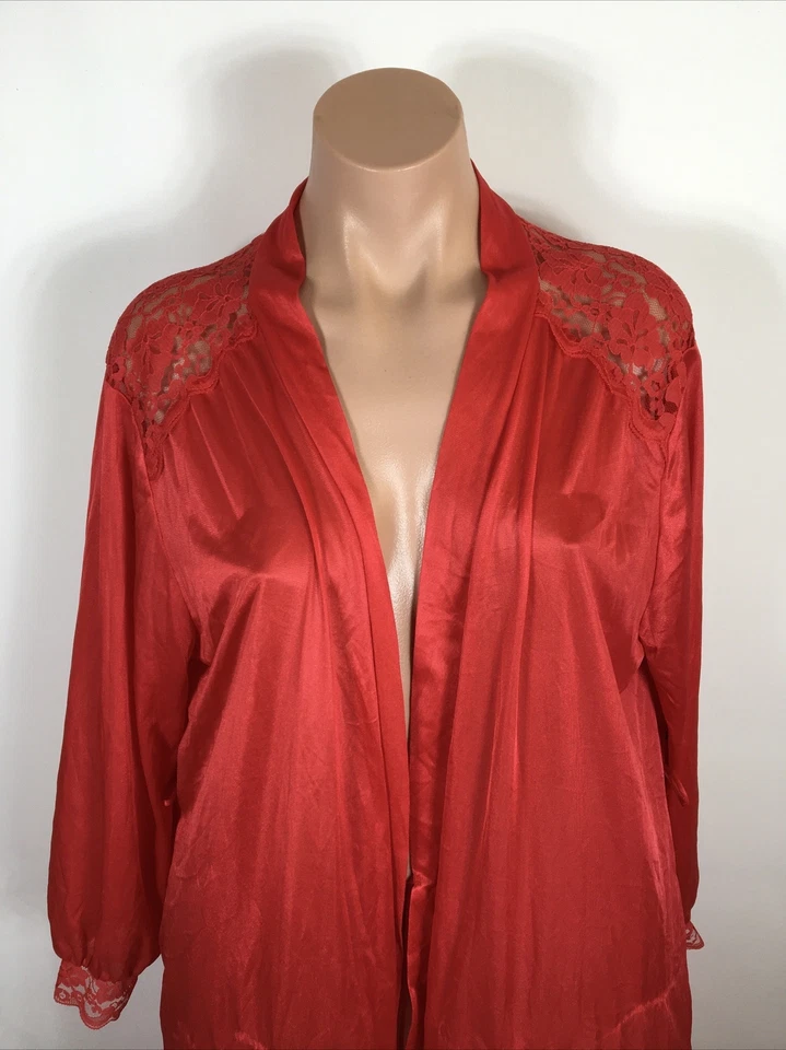 Bata vintage de nailon roja para mujer Adonna estilo sin cordones L sexy abrigo abrigo encaje ribete Foto 3 de 4