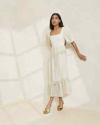 LOEFFLER RANDALL Addison Evening Dress Cream Stripe Textured Nylon Size 4 - NWT