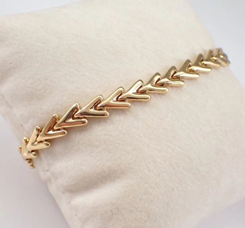 Vintage 14K Yellow Gold PlatedChevron Link Unique Estate V Shape Tennis Bracelet - Image 3 of 4