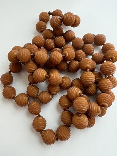 Rare Vintage Carved Galalith or Casein Bead Necklace Butterscotch Amber Color - Picture 2 of 18