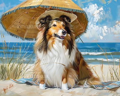 Shetland Sheepdog with Sun Hat and Umbrella 8x10 Matte Print