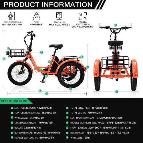 MOPHOTO 750W Folding Electric Bike With Backrest 20'' Fat Tire 48V 14.5AHBattery - Picture 8 of 48