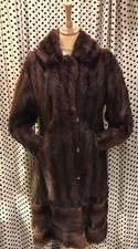 Brown Glossy Real Fur Musquash Vintage 1970s Luxury Coat With Brown Leather Trim