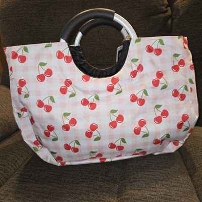 Living In Style City Tote Cherries Pink Gingham Canvas Type Large Bag NEW