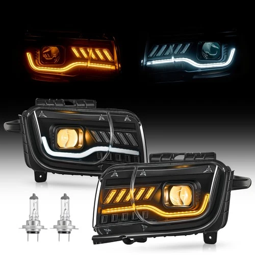 Black Projector Headlights for 2010-2013 Chevy Camaro w LED Switchback DRL Tube