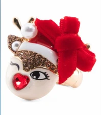Brand New BETSEY JOHNSON Authentic Winking Reindeer Stretch Ring Multi Color RED