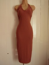 Boohoo Coral Stretch Ribbed Halterneck Bodycon Midi Dress - Size 12