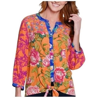 Clearance Plus Size 1X John Mark Orange Rose Floral Button Down Tie Front Blouse