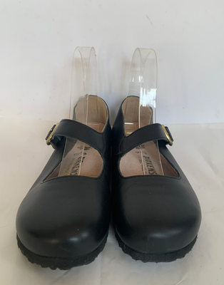 Birkenstock Tracy Black Leather Mary Jane Flats Angled Strap