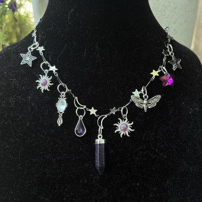 Handmade Celestial Crystal Necklace Moon Stars Sun Mirror Moth Witchy Jewelry