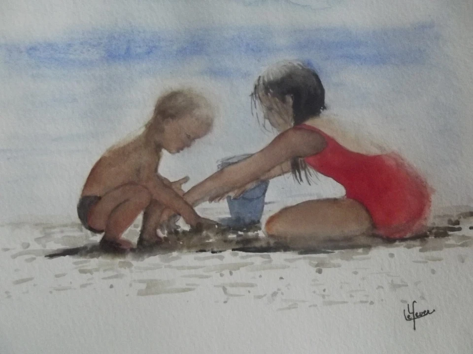 Aquarelle originale signée paysage marin océan enfants "Jeu dans le sable" - Photo 1/1