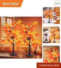 2 Pack 24 Inch Prelit Lighted Maple Tree, Artificial Fall Tree with 24 LEDs T...