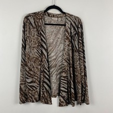 Chicos Easywear Open Cardigan Size 2 US Large Animal Print Knit Brown Multi