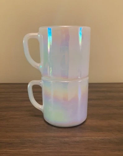 Vintage Federal Glass Moonglow Iridescent Milk Glass Mugs Set of 2  3 1/4" USA