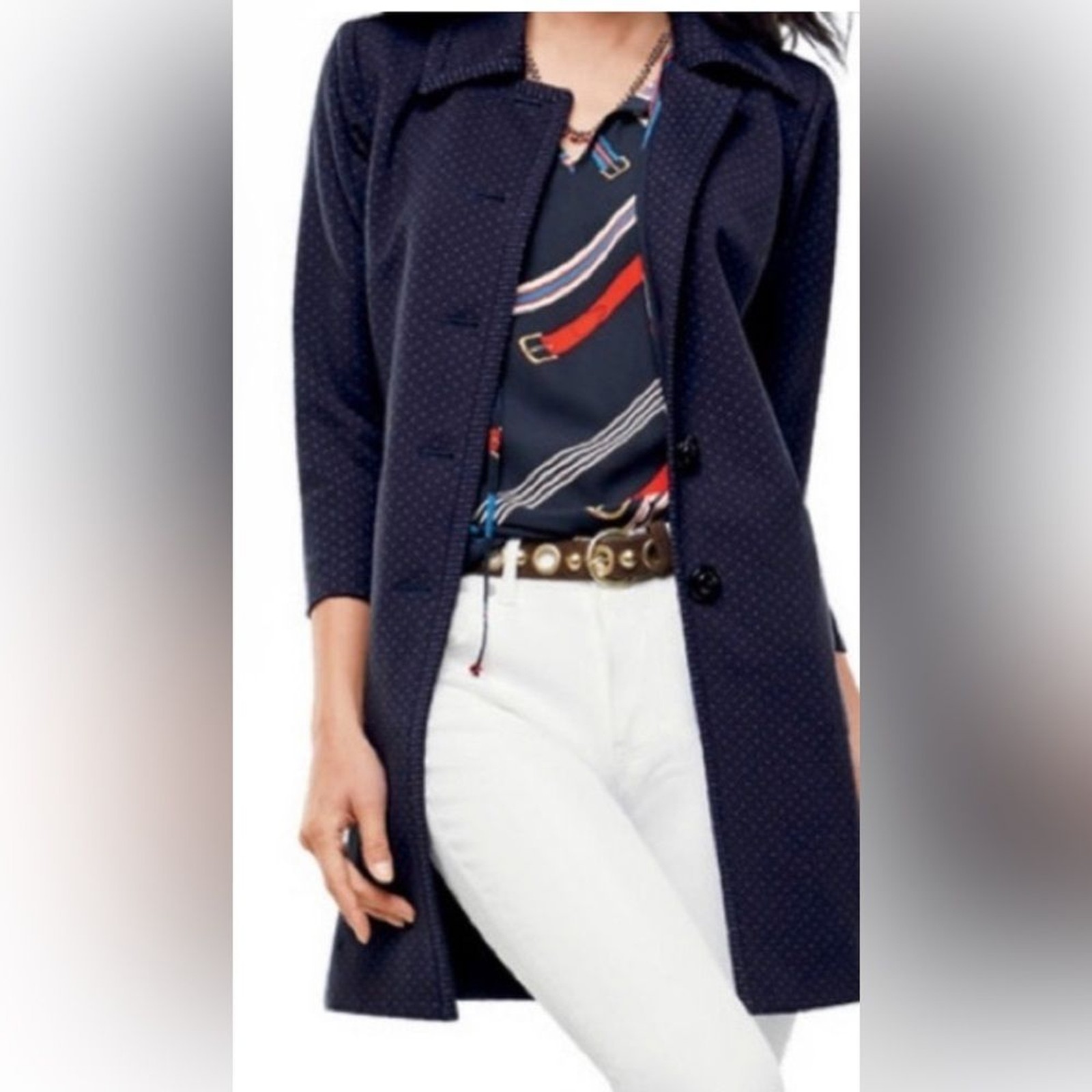 Cabi Navy Blue  and white collared Carriage Jacket 5658 Size XL