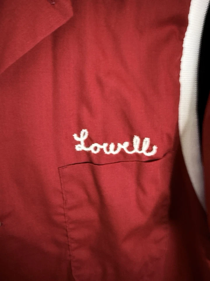 Camisa de boliche vintage de algodón rojo granate cosida en cadena Hilton Rockabilly L Foto 4 de 4