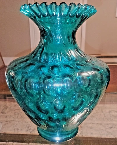 Fenton Vase Beautiful Vintage Teal Royale Blue Coin Dot pattern 11" tall