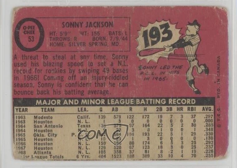 1969 O-Pee-Chee Sonny Jackson #53 - Image 2 of 2