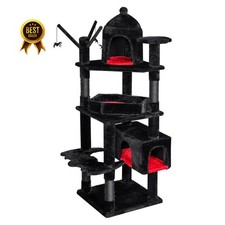 63" Large Cat Tree Tower Condo w/ Coffin Bed Scratching Posts Black Red