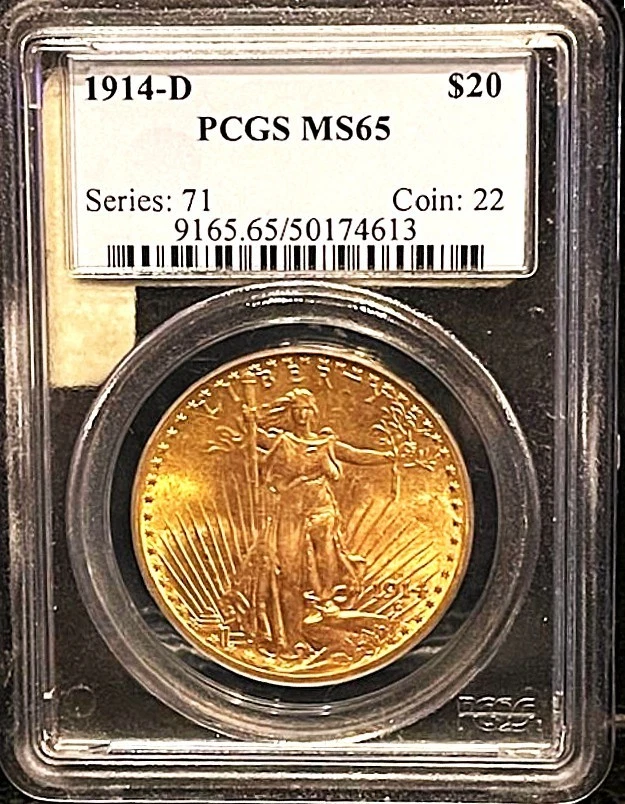 1914 D $20 ST. GAUDENS DOUBLE EAGLE PCGS MS-65, BETTER DATE, LOW MINTAGE COIN
