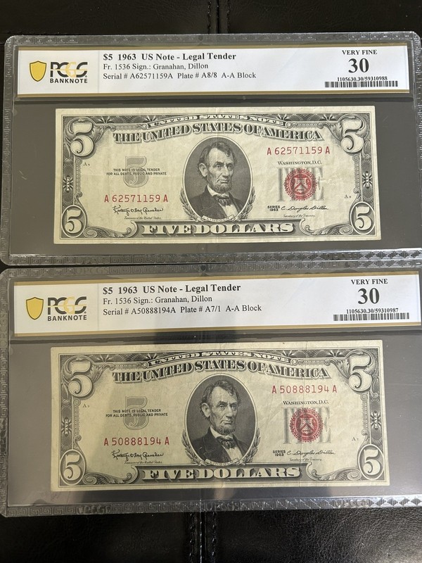 (2) $5 1963 LEGAL TENDER NOTE - RED SEAL PMG 30 VERY FINE 