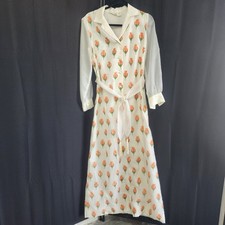 Alfred Shaheen Hawaiian Dress White Orange Rose Bud Print Sheer Sleeves Vintage