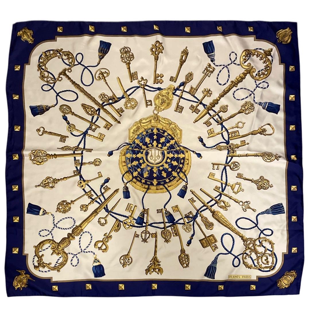 Hermes Carre 90 Les Cles Navy Silk Scarf Japan Import