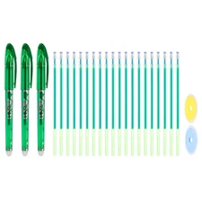 3Pack 0.5mm Erasable Gel Pens with 20 Refills & 2 Erasers, Green