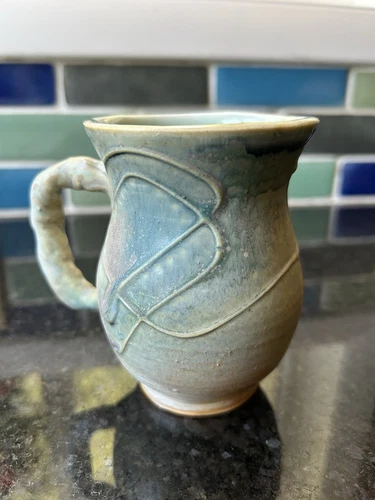 Vtg Studio Pottery Mug Teal Asian Ceramic Art Cup Salt Glaze? Signed Excellent
