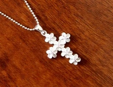 Hawaiian Jewelry 925 Sterling Silver Plumeria CZ Cross Pendant Necklace SP60912