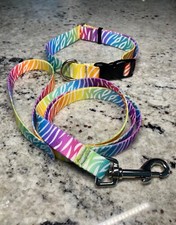 Handcrafted dog collar leash set bright rainbow zebra made in USA multiple sizes
