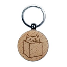 Cat in Box Engraved Wood Round Keychain Tag Charm