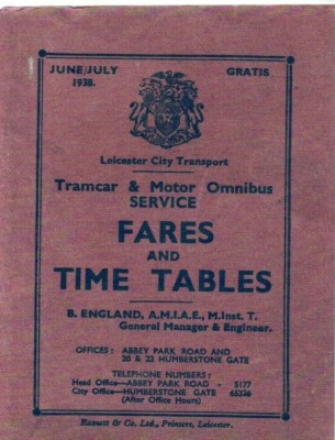 Leicester City Transport Straßenbahnwagen und Motor Omnibus Fahrpreise und Fahrplan 1938