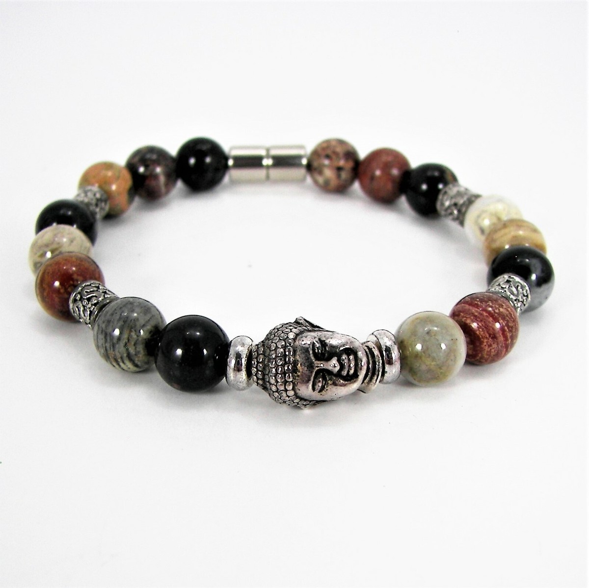 Handmade Buddha Head Bead Bracelet Silver Leaf Jasper Magnetic