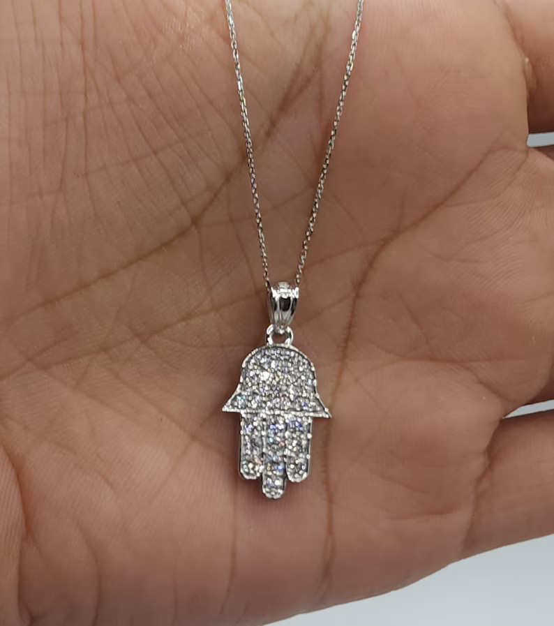 Hamza Hand Pendant For Girlfriend Round Natural Diamond GH-SI 14k White Gold